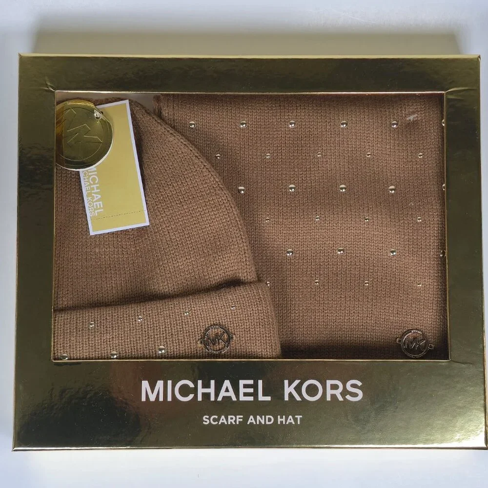 Michael Kors Women's Hat‎ And Scarf Set With Gold Studs